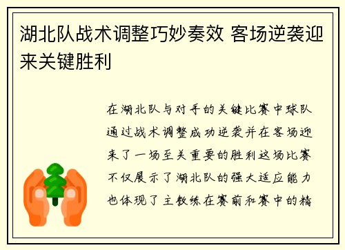 湖北队战术调整巧妙奏效 客场逆袭迎来关键胜利