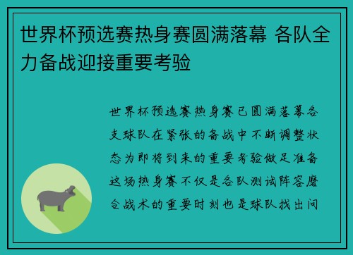 世界杯预选赛热身赛圆满落幕 各队全力备战迎接重要考验