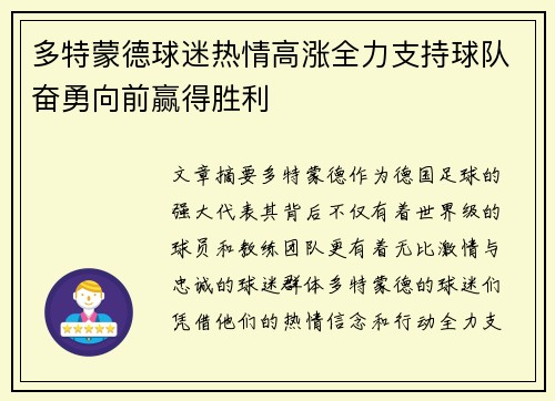 多特蒙德球迷热情高涨全力支持球队奋勇向前赢得胜利