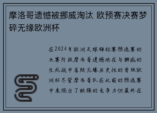 摩洛哥遗憾被挪威淘汰 欧预赛决赛梦碎无缘欧洲杯