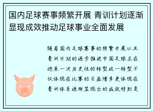 国内足球赛事频繁开展 青训计划逐渐显现成效推动足球事业全面发展