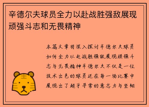 辛德尔夫球员全力以赴战胜强敌展现顽强斗志和无畏精神