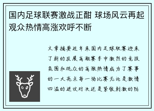 国内足球联赛激战正酣 球场风云再起观众热情高涨欢呼不断