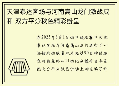 天津泰达客场与河南嵩山龙门激战成和 双方平分秋色精彩纷呈