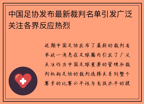 中国足协发布最新裁判名单引发广泛关注各界反应热烈