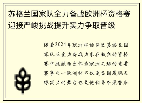 苏格兰国家队全力备战欧洲杯资格赛迎接严峻挑战提升实力争取晋级